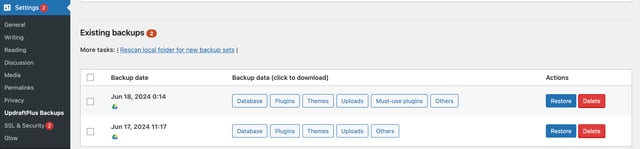 wordpress management glow, screenshot of deleting a backup