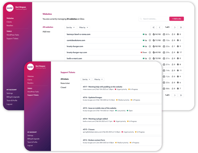 managewp alternative, screenshots of the dashboard in glow